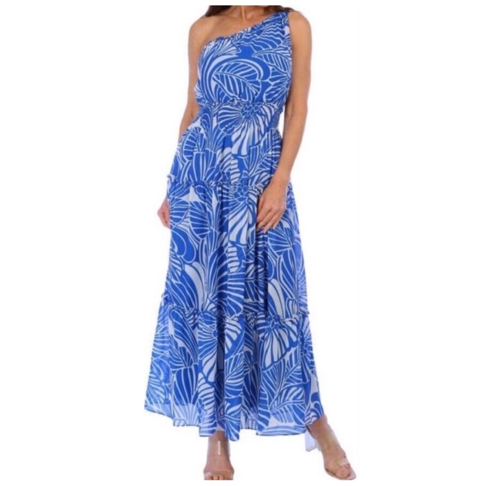 TAYLOR Women’s Size 4 Blue & White Floral Print One-Shoulder Tiered Maxi Dress